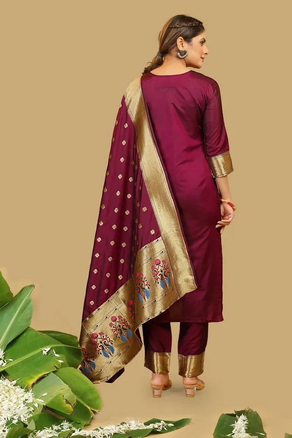 Wine_Colour_Paithani_Suit_Unstitched_Fabric_With_Dupatta
